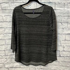 NYDJ Stretch Knit Top Size XL Black Silver Multi Stitch 3/4 Sleeve Dressy